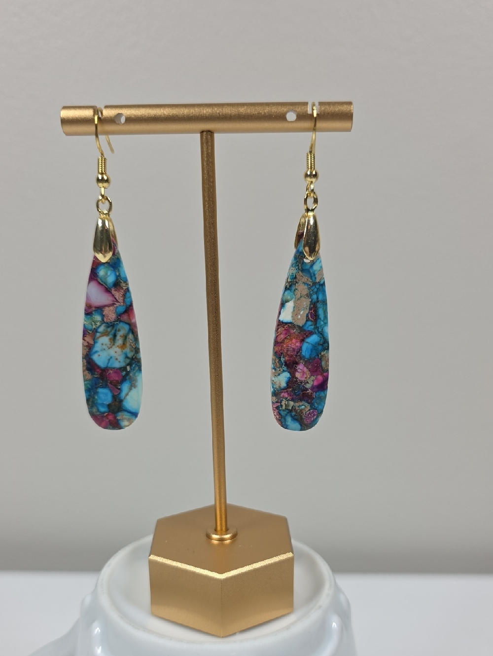Gold-Tone Teardrop Turquoise & Pink Earrings
